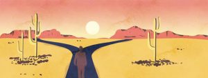 Illustration of a silhouetted man standing on a road that diverges ahead, with a low sun in a pinkish sky and a desert landscape